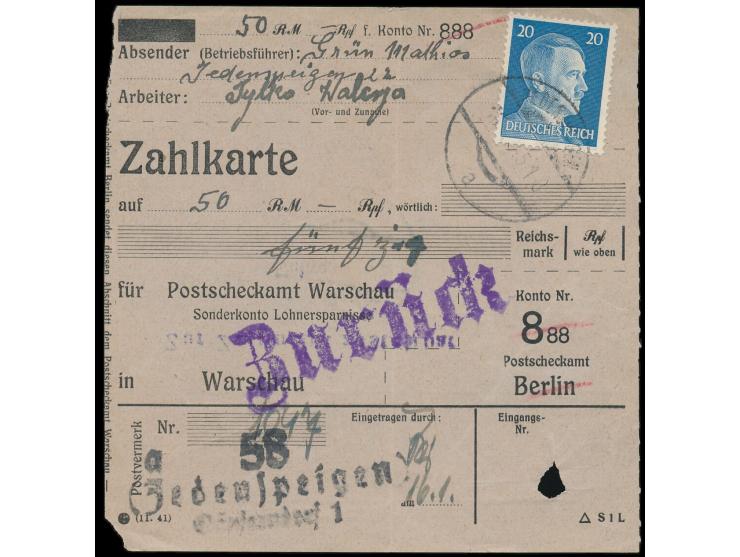 Einzelfrankatur 20 Pf. Hitler auf  Zahlkarte für Postscheckamt Warschau  / Sonderkonto Lohnersparnisse in Warschau, Österreic