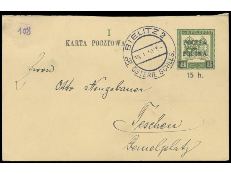 Krakauer Ausgabe: Überdruck  Poczta Polska 15 h.  auf Österreich-Feldpost-Ganzsache 8 h (Frageteil), Stempel  Bielitz 2 Öster