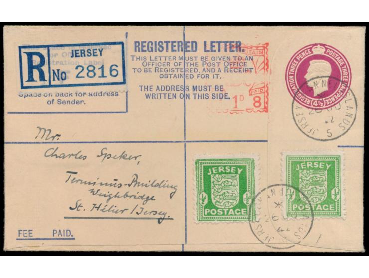 Jersey,  R-Ganzsachenumschlag 4 1/2 d. (Format F, mit Neopostfreistempel (Maschinen-Nr. 8) 1 d. und 2 x Jersey 1/2 d., Stempe