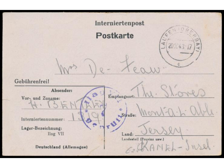 Interniertenpost-Vordruckkarte &nbsp;aus dem &nbsp;ILAG VII &nbsp;(Laufen) mit Stempel &nbsp;Laufen (Oberbay) &nbsp;20.10.43 
