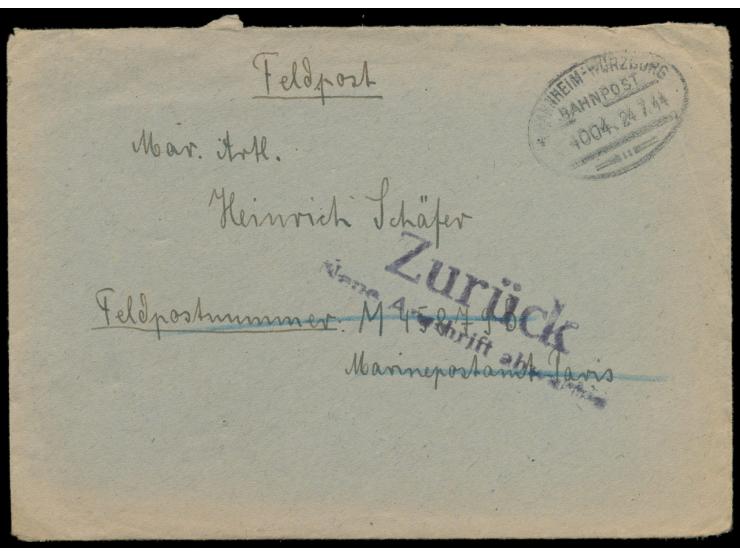 Feldpostbrief  aus Klein-Eicholzheim bei Aschaffenburg mit Bahnpoststempel Mannheim - Würzburg 24.7.44 an FPNr. M 45879 B, Ma