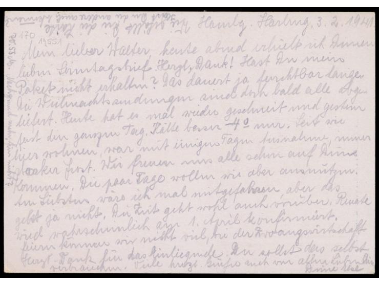 Ganzsache  6 Pf. Tag der Briefmarke  mit Stempel  Hamburg-Harburg 1  4.2.41 nach Amberg, langer Bedarfstext, MiPr. -.-
Stichw