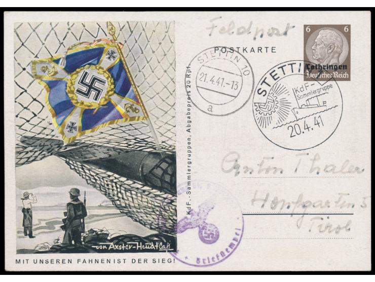 Ganzsache 6 Pf.  "Mit unseren Fahnen ...",  Bild Marine-Artillerie, Sonderstempel  Stettin 1  20.4.41 und Tagesstempel Stetti