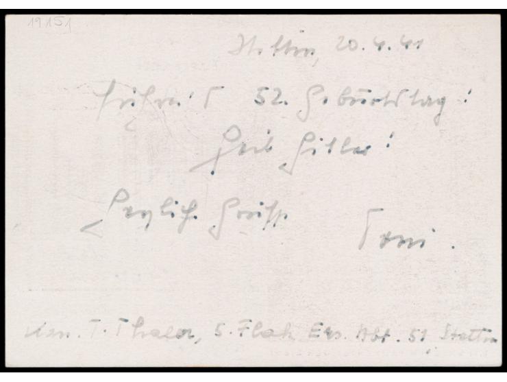 Ganzsache 6 Pf.  "Mit unseren Fahnen ...",  Bild Marine-Artillerie, Sonderstempel  Stettin 1  20.4.41 und Tagesstempel Stetti