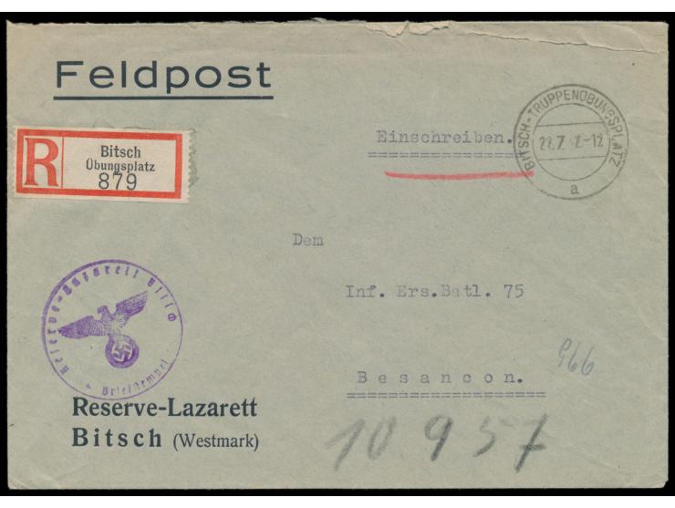 Stempel  Bitsch-Truppenübungsplatz  22.7.42 auf Dienst-R-Brief des Reserve-lazarett Bitsch an das Inf. Ers. Batl. 75 in Besan