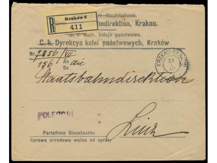 zweisprachiger Vordruckumschlag "K. k. Staatsbahndirektion Krakau" als  portofreie Dienstsache-Einschreiben  nach Linz / Öste