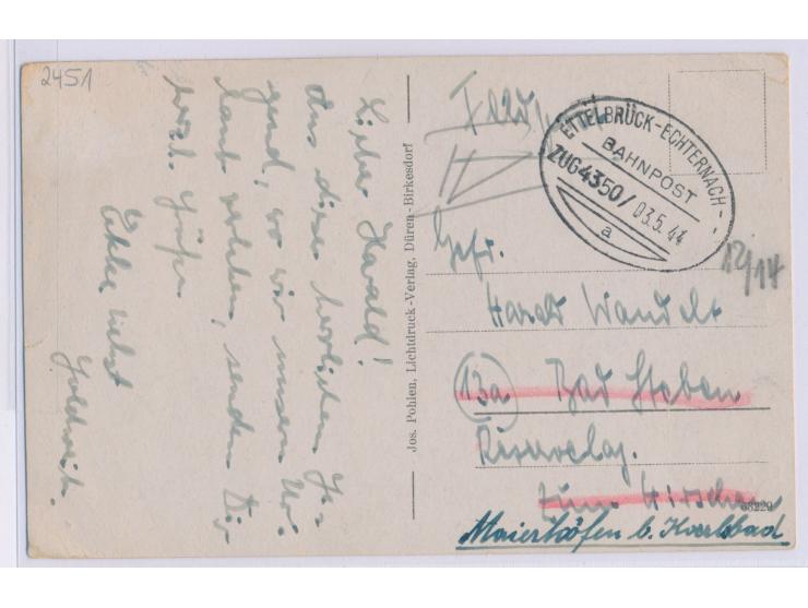 Bahnpoststempel  Ettelbrück - Echternach - -  Zug 4350 / 3.5.44 auf Feldpostkarte nach Bad Steben, Bedarf
Stichwort: Luxembur