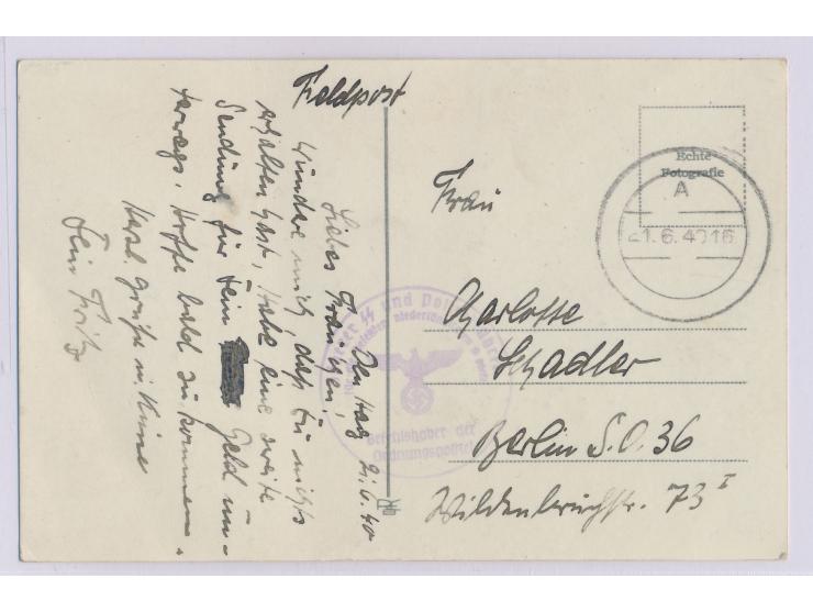 Tarnstempel A 21.6.40 und Briefstempel  "Der Höhere SS- und Polizeiführer ... Befehlshaber der Ordnungspolizei"  auf Ansichts
