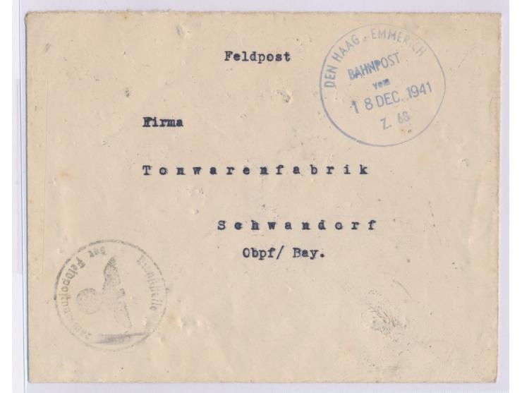 blauer Stempel  Den Haag - Emmerich / Bahnpost / vom ... / Z 68  und Datum-L1 18. Dec. 1941 auf Feldpostbrief nach Schwandorf