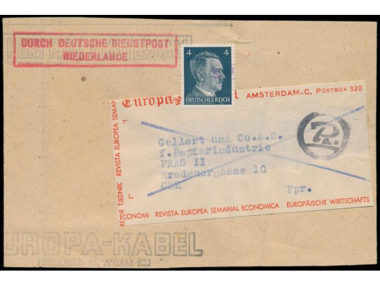 4 Pf. Hitler mit  Vorausentwertung  (Datumstempel-Fragment) auf Streifband "Europa-Kabel Amsterdam" nach Prag, Leitstempel "D
