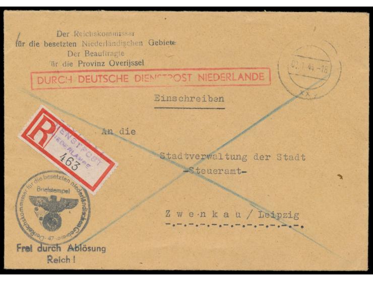 Tarnstempel mit UB xx 8.1.44 von  Zwolle  auf  Einschreibbrief  "Frei durch Ablösung Reich" nach Zwenkau, Absender "Der Reich