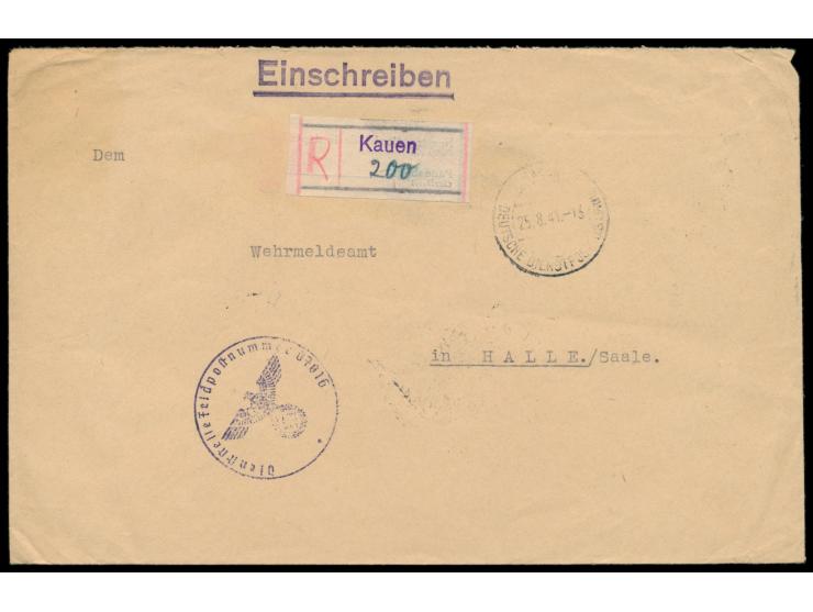 Feldpost-R-Brief mit Stempel  Kauen DDP Ostland  25.8.41 nach Halle, auf Formularpapier gefertigter  provisorischer R-Zettel 