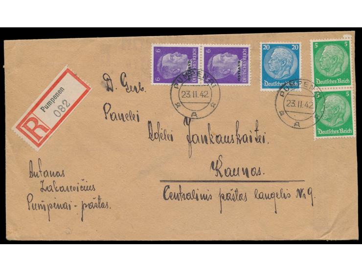 Mischfrankatur 2 x 5 Pf. und 20 Pf. Hindenburg mit 2 x 6 Pf. Ostland auf &nbsp;Einschreibbrief &nbsp;mit litauischem Stempel 