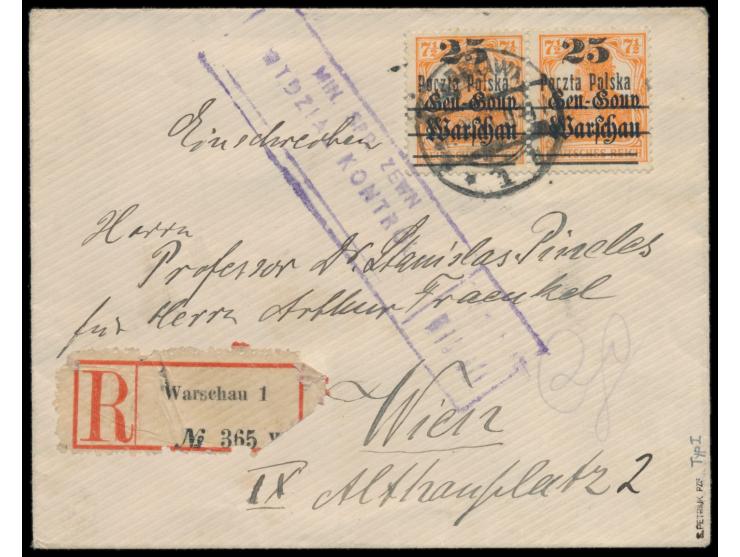 25  f (Typ I) auf 7 1/2 Pf. im Paar auf  Einschreibbrief  nach Wien, aptierter deutscher Stempel  Warszawa 1 b  21.2.19, weit