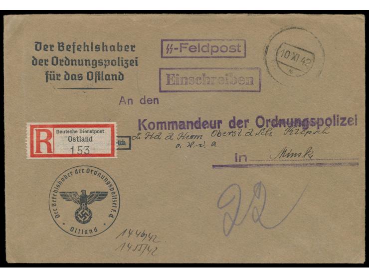 Feldpost-Einschreibbrief mit gedrucktem Absender und Dienstsiegel  "Der Befehlshaber der Ordnungspolizei für das Ostland" , s