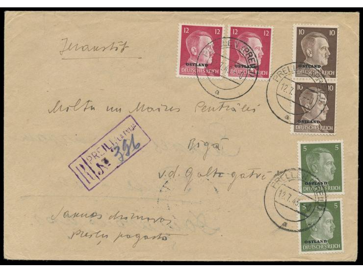 Einschreibebrief  2. Gewicht mit sehr seltenem deutschen Stempel  Prellen (Preili) a  12.7.43 nach Riga, Ostland-Frankatur 54