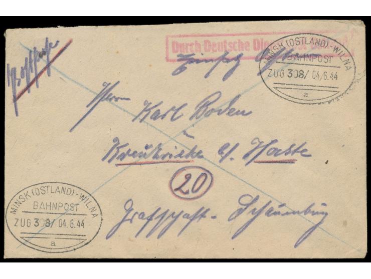 2 x seltener Bahnpoststempel  Minsk (Ostland) - Wilna a  Zug 308 4.6.44 auf Brief "Postsache - Einsatz Osten" nach (20) Kreuz