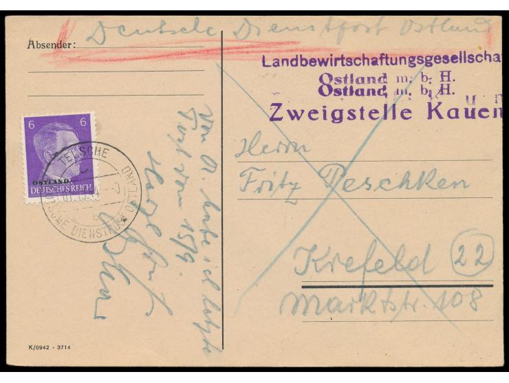 6 Pf. auf Postkarte nach Krefeld, Stempel &nbsp;Telsche DDP Ostland b &nbsp;1.10.44, sehr spätes Datum für die deutsche Diens