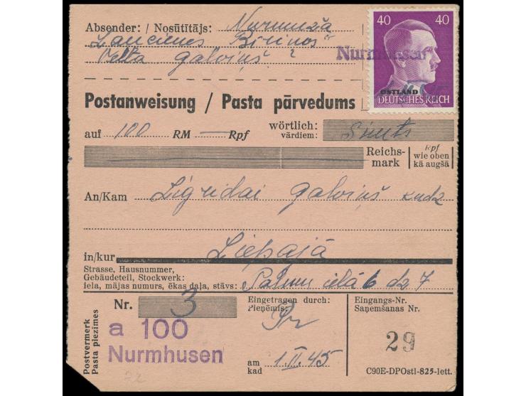 Einzelfrankatur 40 Pf. auf  Postanweisung  (zweisprachiges Formular für Lettland) innerhalb des  Kurland-Kessels , entwertet 