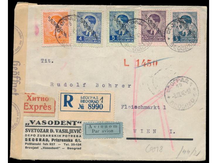 Luftpost-Einschreiben-Expressbrief &nbsp;mit Stempel Beograd 8.7.42 nach Wien, Frankatur 21 Din., dabei auf Brief seltene 5,5