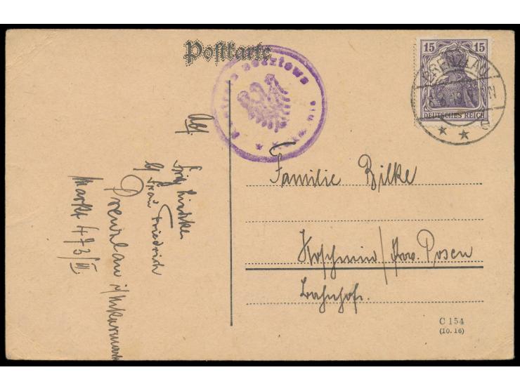 Deutsches Reich 15 Pf. auf Postkarte von Prenzlau 8.3.1919 &nbsp;nach Koschmin &nbsp;im polnischem Aufstandsgebiet (preußisch