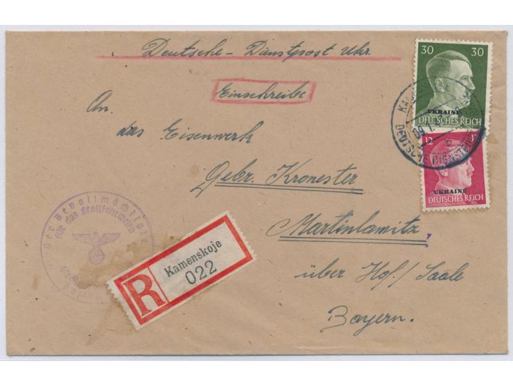 Stempel  Kamenskoje  DDP Ukraine b 9.1.43 auf  Einschreibebrief  nach Martinlamitz, Frankatur 42 Pf., Briefstempel "Der Bevol