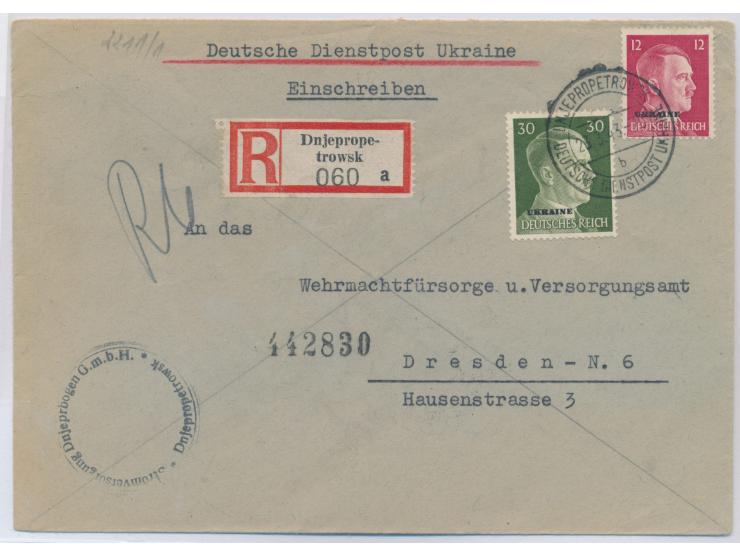 Stempel &nbsp;Dnjepropetrowsk &nbsp;DDP Ukraine b 23.3.43 auf &nbsp;Einschreibebbrief &nbsp;nach Dresden, R-Zettel mit UB a, 