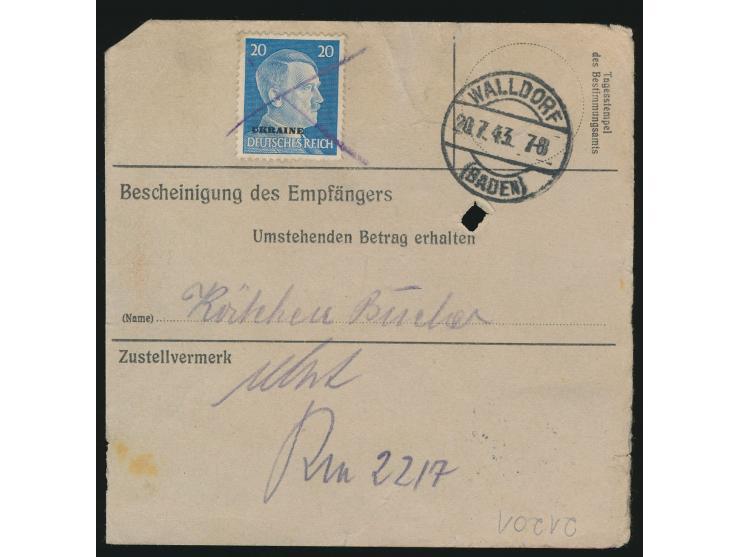 Feldpostanweisung  auf 200 RM nach Walldorf, Frankatur Ukraine 40 Pf. mit Feldpoststempel mit Kenn-Nr. 998 15.7.43 und 20 Pf.