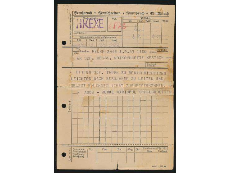 Fernspruch / Fernschreiben-Formular  vom 1.9.1943, Absender Sonderführer Schildkötten / Asow-Werke Mariupol an Sonderführer H