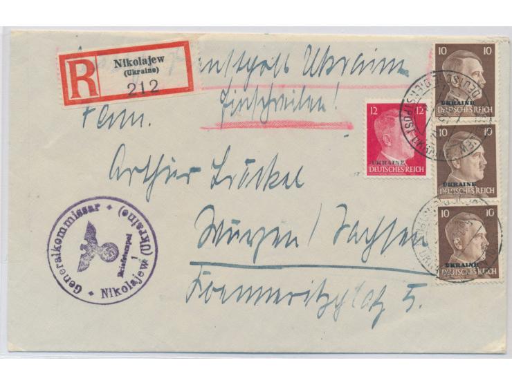 Stempel  Nikolajew  DDP Ukraine d 25.10.43 auf  Einschreibebrief   nach Wurzen, Frankatur 42 Pf., Briefstempel Generalkommiss