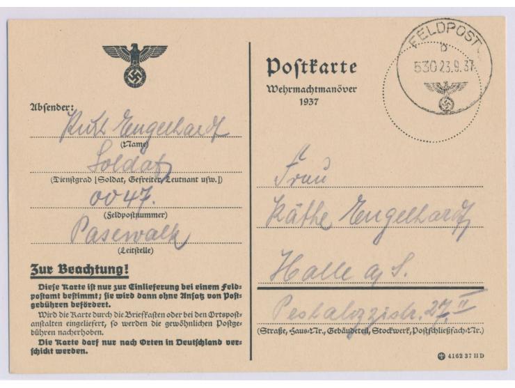 Wehrmachtmanöver 1937,  Feldpoststempel mit UB b und taktischer Nr. 530 23.9.37 auf Manöver-Vordruckarte 4162 37 II D nach Ha