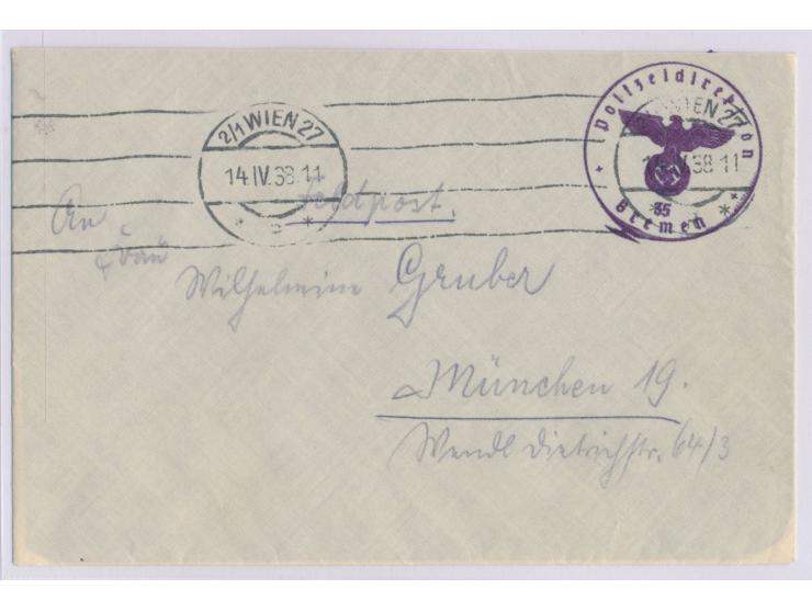 Österreich 1938,  Feldpostbrief mit Briefstempel  "Polizeipräsident in Wiesbaden"  und Maschinenstempel  Wien 27  14.4.38 nac