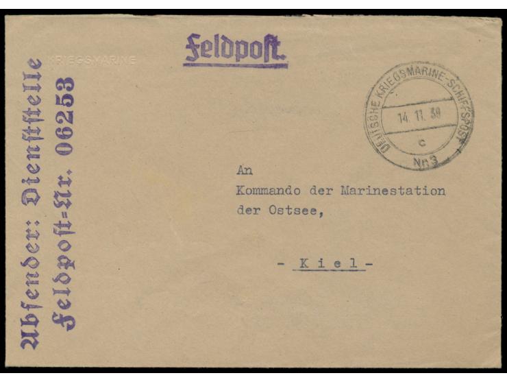 Stempel  Deutsche Kriegsmarine-Schiffspost Nr. 3 c  14.11.39 auf Feldpost-Dienstbrief nach Kiel, Absenderstempel Dienststelle
