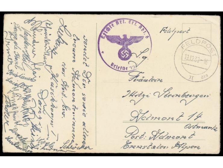 Stempel  Feldpost II dzg  19.12.39 auf Feldpostkarte nach Admont, Briefstempel "Leichte Art. Ers. Abt. 6", Bedarf
Stichwort: 