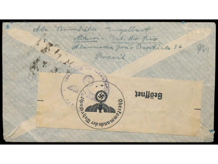 Brasilien  400 Reis und 5000 Reis auf  Luftpostbrief  mit Stempel  Rio de Janeiro  9.4.40 an einen deutschen Soldaten mit  Fe