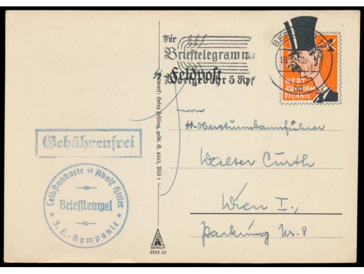 Chamberlain-Spottkarte  (Druckvermerk Ashelm 3503 25) mit Maschinenstempel  Berlin O 17  19.6.40 nach Wien, Briefstempel  Lei