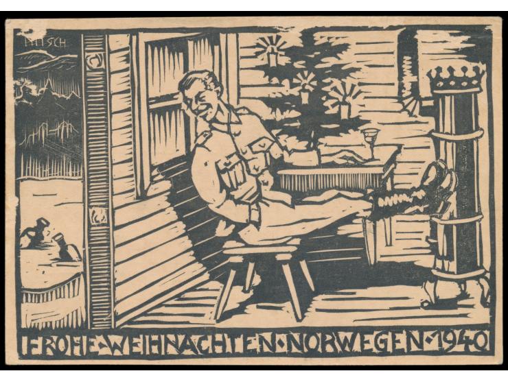 Feldpostbildkarte  "Frohe Weihnachten - Norwegen - 1940"  (Holzschnitt-Abbildung: Soldat in Hütte mit Weihnachtsbaum), bildse