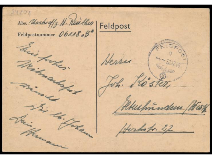 Feldpostbildkarte  "Frohe Weihnachten - Norwegen - 1940"  (Holzschnitt-Abbildung: Soldat in Hütte mit Weihnachtsbaum), bildse