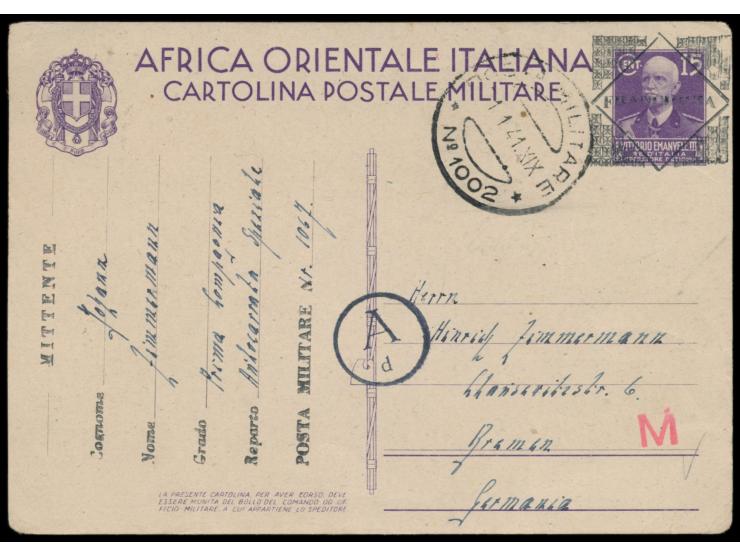 Ganzsache von Italienisch-Ostafrika mit Überdruck als Feldpostkarte, Absenderangabe "Johann Zimmermann, Prima Compania Autoca