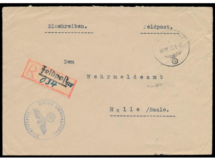 FPSt mit Kenn-Nr. 508 22.8.41 (Feldpostamt 92) auf &nbsp;R-Brief &nbsp;nach Halle, &nbsp;provisorischer &nbsp;R-Zettel, &nbsp