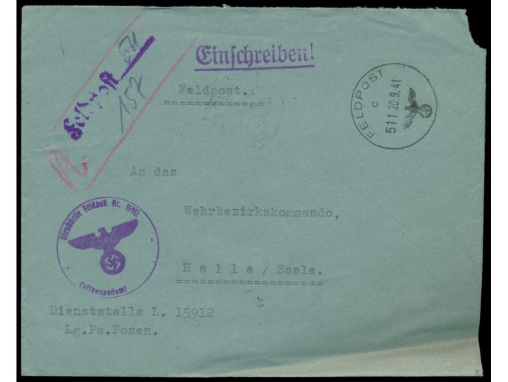 FPSt mit Kenn-Nr. 511 20.9.41 (Feldpostamt 775) auf  R-Brief  nach Halle,  provisorischer R-Vermerk,  Absender und Dienstsieg