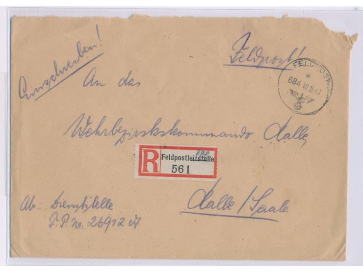 FPSt mit Kenn-Nr. 684 10.9.41, FPA 194, auf Einschreibbrief,  R-Zettel Feldpostleitstelle  handschriftlich abgeändert, Absend