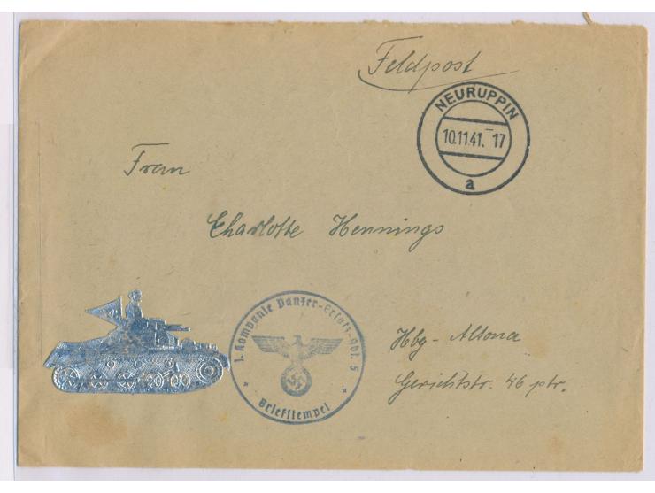 Feldpostbrief mit Stempel  Neuruppin  10.11.41 nach Hamburg, Briefstempel 1. Kompanie Panzer-Ersatz-Abt. 5 und silberfarbene 