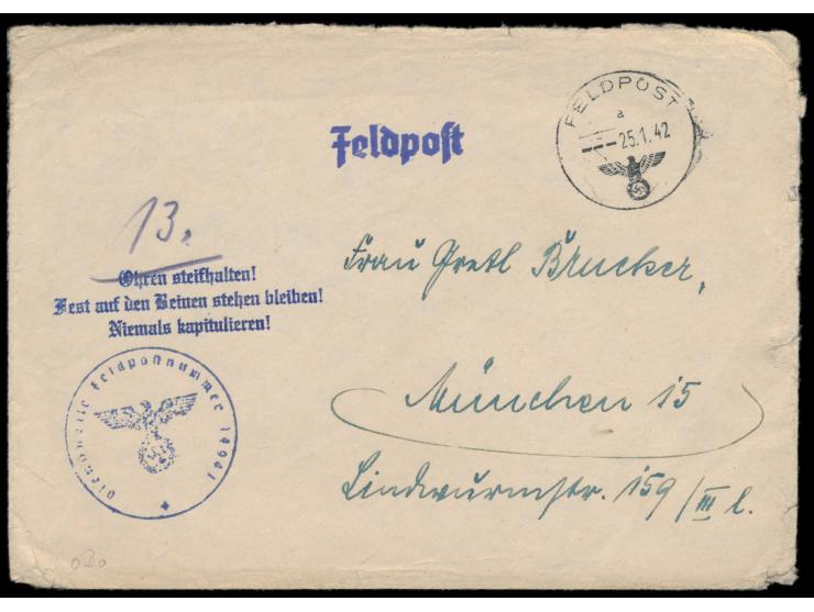 Brief mit FPSt a 25.1.42 nach München, Absender und Briefstempel ... FPNr. 14941 = Verpflegungsamt 713, seltener Propagandast