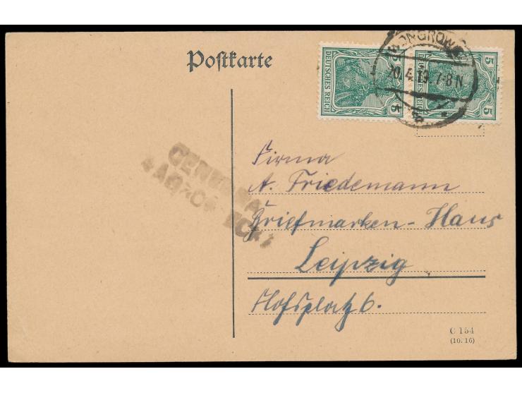 Aufstandsgebiet in der Provinz Posen,  2 x Dt. Reich 5 Pf. auf Postkarte mit weiterverwendetem deutschen Stempel  Wongrowitz 