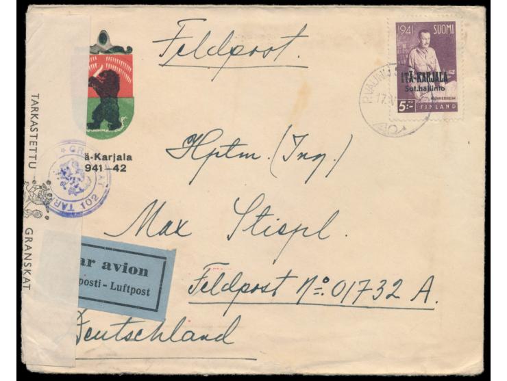 Finnische Besetzung von Ostkarelien:  Einzelfrankatur 5 M. mit finnischem Bahnpoststempel P. Vannu 50 17.5.42 (Bahnstrecke Ää