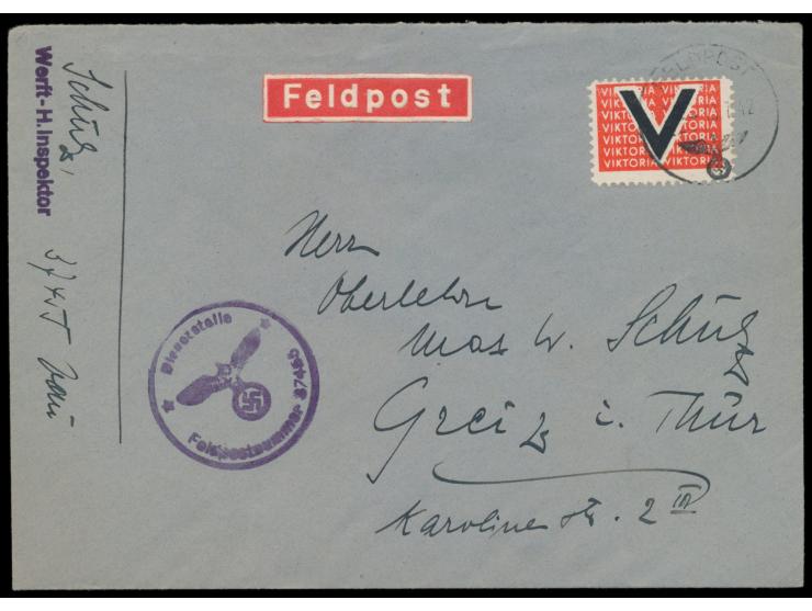 Feldpostbrief mit  Viktoria-Vignette,  FPSt 13.7.42, handschriftlicher Absender und Briefstempel ... FPNr. 37455 = Kriegsmari