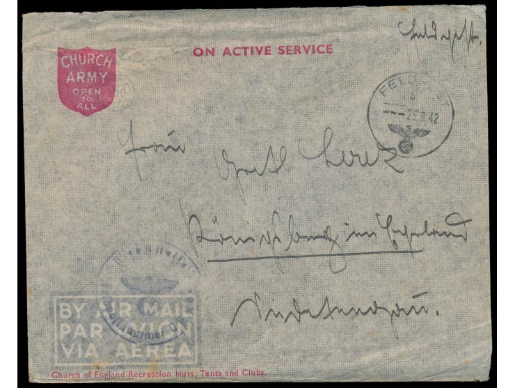 FPSt 25.8.42 auf erbeutetem britischen Umschlag  "Church Army ... - On Active Service",  schwacher Briefstempel, handschriftl