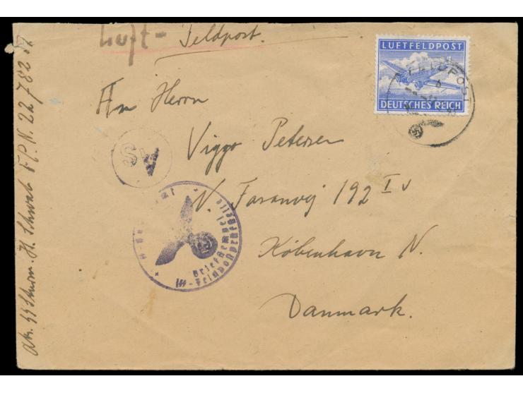 Luft-Feldpostbrief  mit Zulassungsmarke  nach Kopenhagen,  FPSt b 17.2.43, vorderseitig handschriftlicher Absender SS-Mann ..
