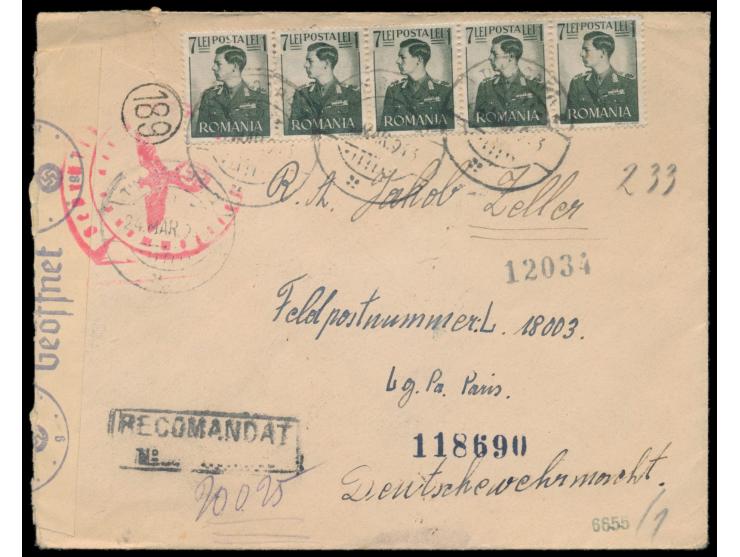 7 x Rumänien 7 Lei auf Einschreibbrief mit Stempel Timisoara 24.3.43 an einen Volksdeutschen aus Rumänien mit Feldpostnummer 